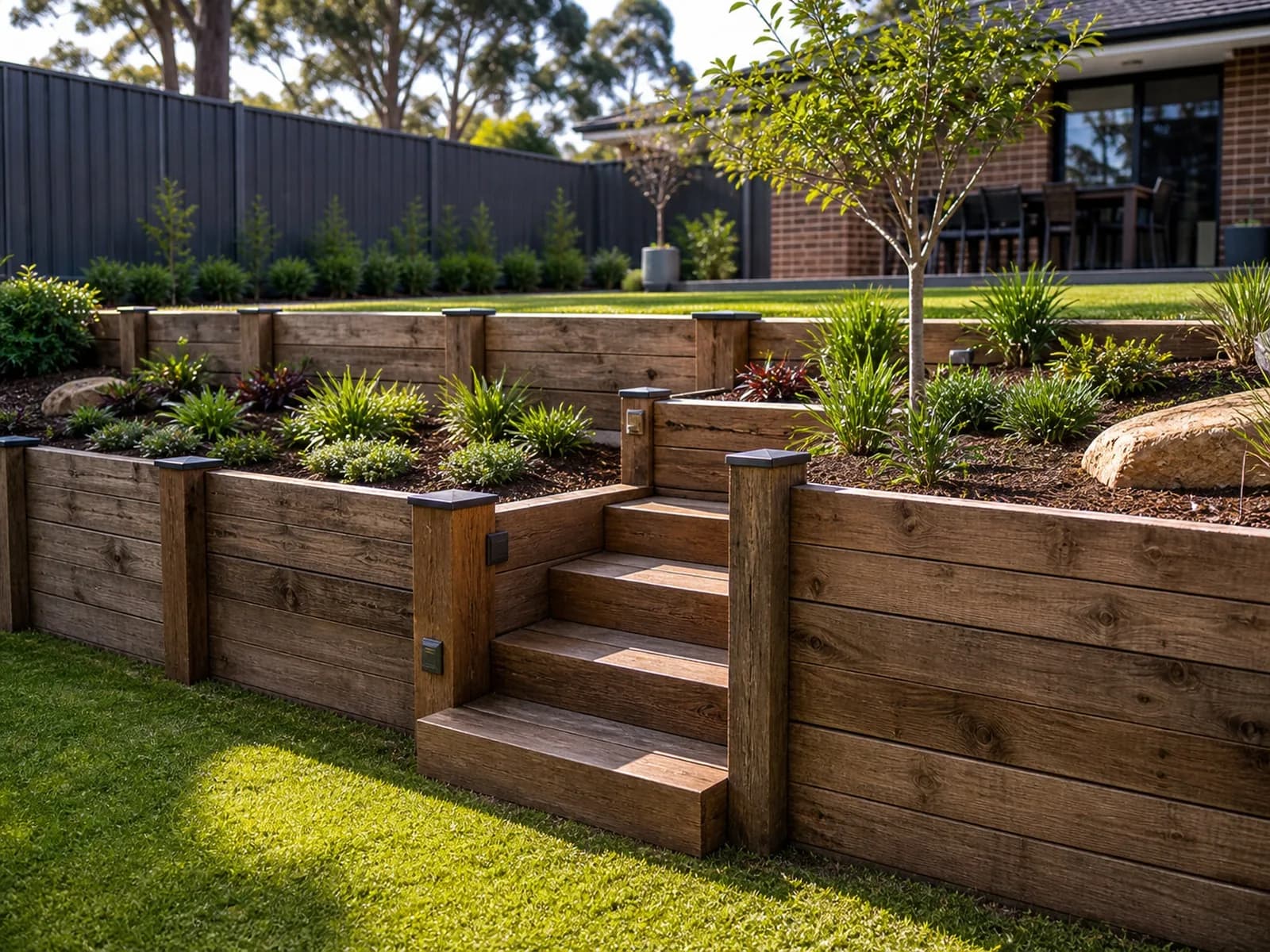 Retaining Walls Sydney - Sleeper Terraces & Steps Timber sleeper retaining wall and steps Sydney NSW - terraced landscaped slope with planted garden beds