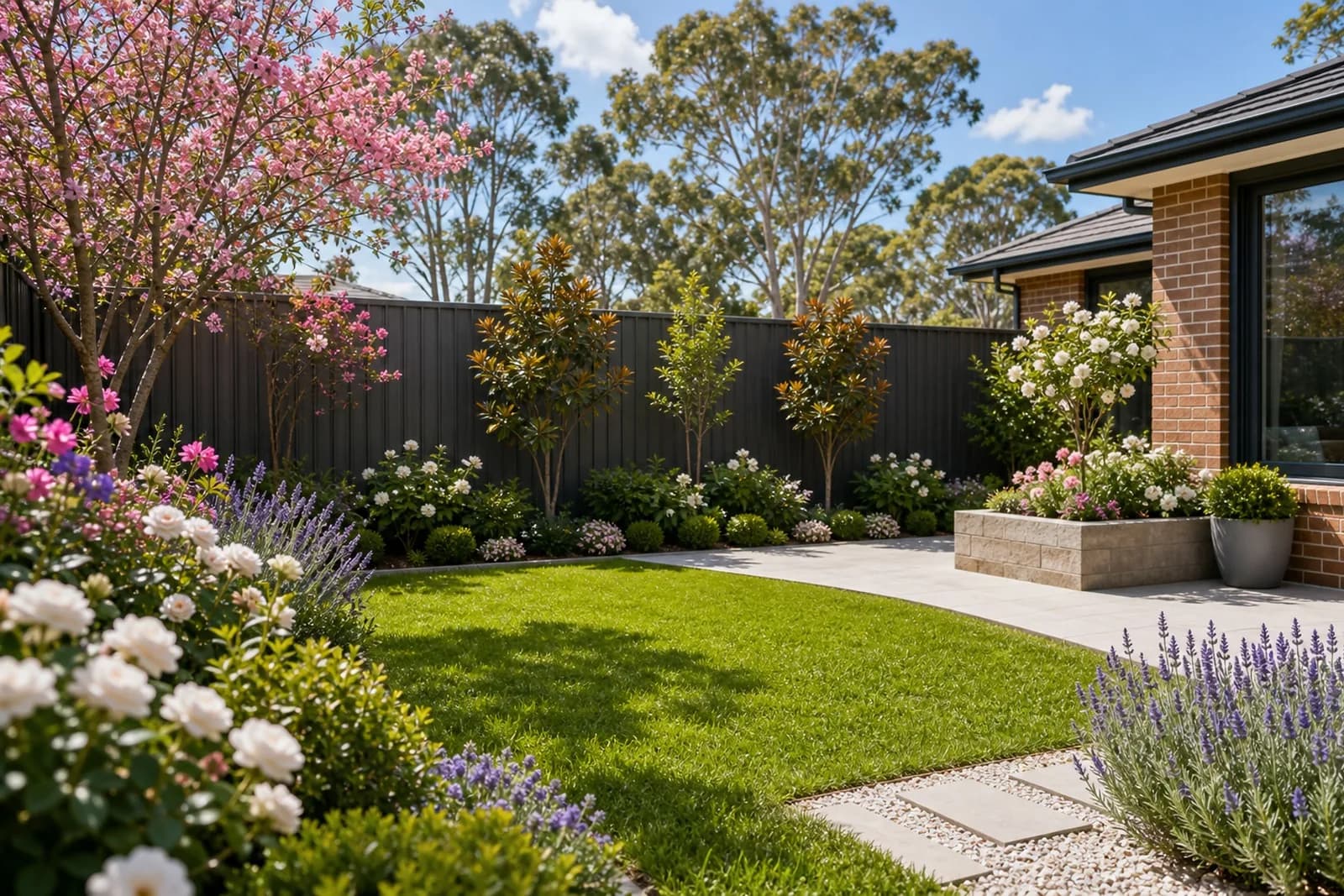 Seasonal Landscaping Sydney - Spring Backyard Spring backyard landscaping Sydney NSW - vibrant flowering garden, fresh lawn and clean fence on a bright day