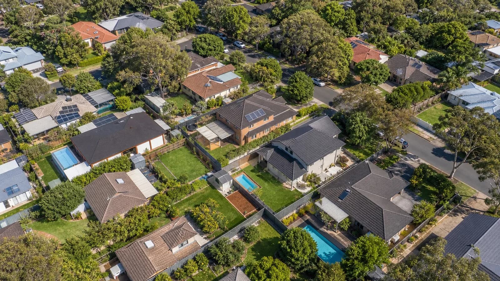 Service Areas Sydney - Suburbs We Cover Sydney suburbs served aerial view - leafy neighbourhood backyards, fences and gardens across the area
