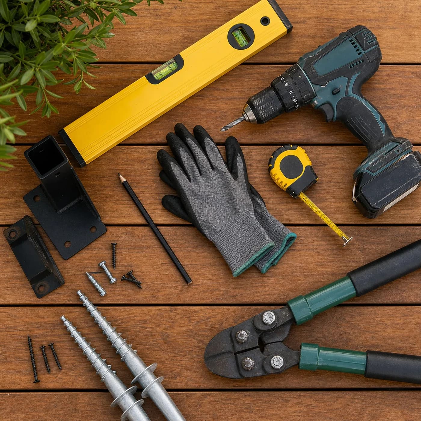 Our Trade Sydney - Professional Tools Fencing and landscaping tools flat-lay Sydney NSW - level, drill, gloves, tape measure and post-hole digger on timber