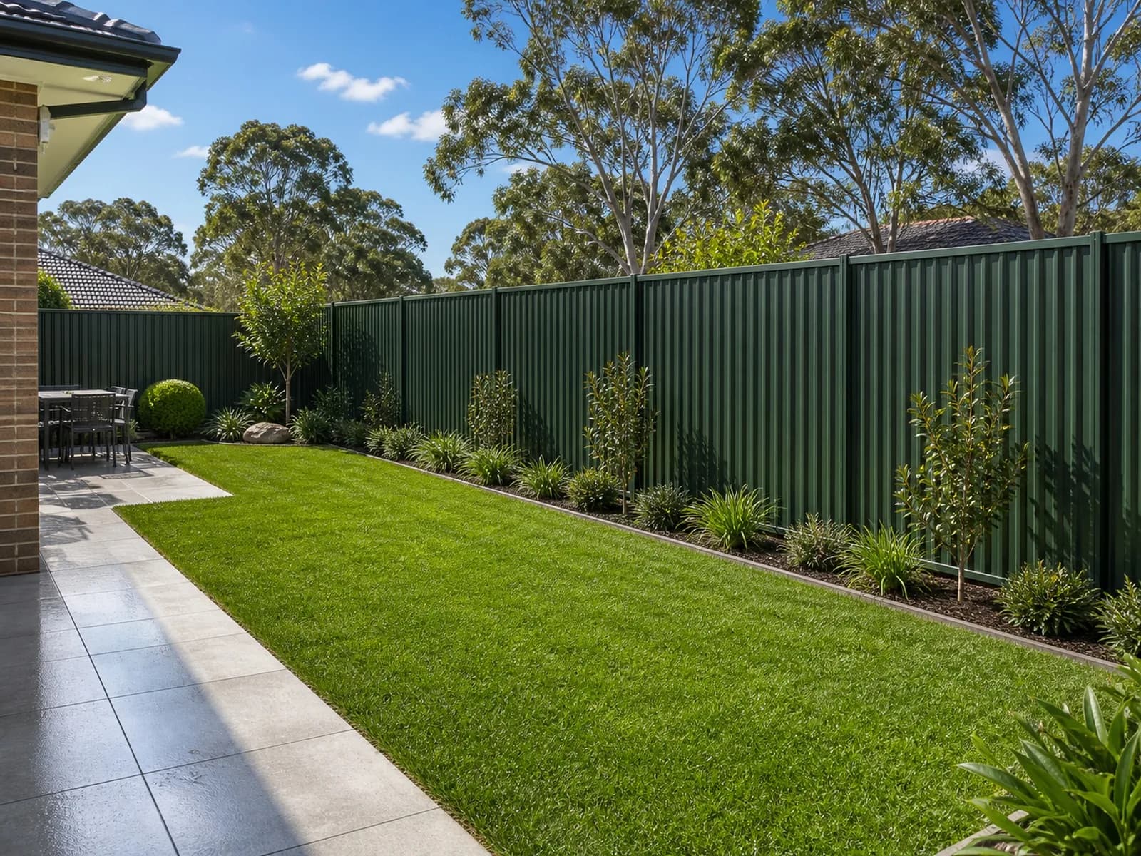 After - Sydney Backyard Transformation Backyard after transformation Sydney NSW - new turf, fresh fence, paved patio and tidy garden beds