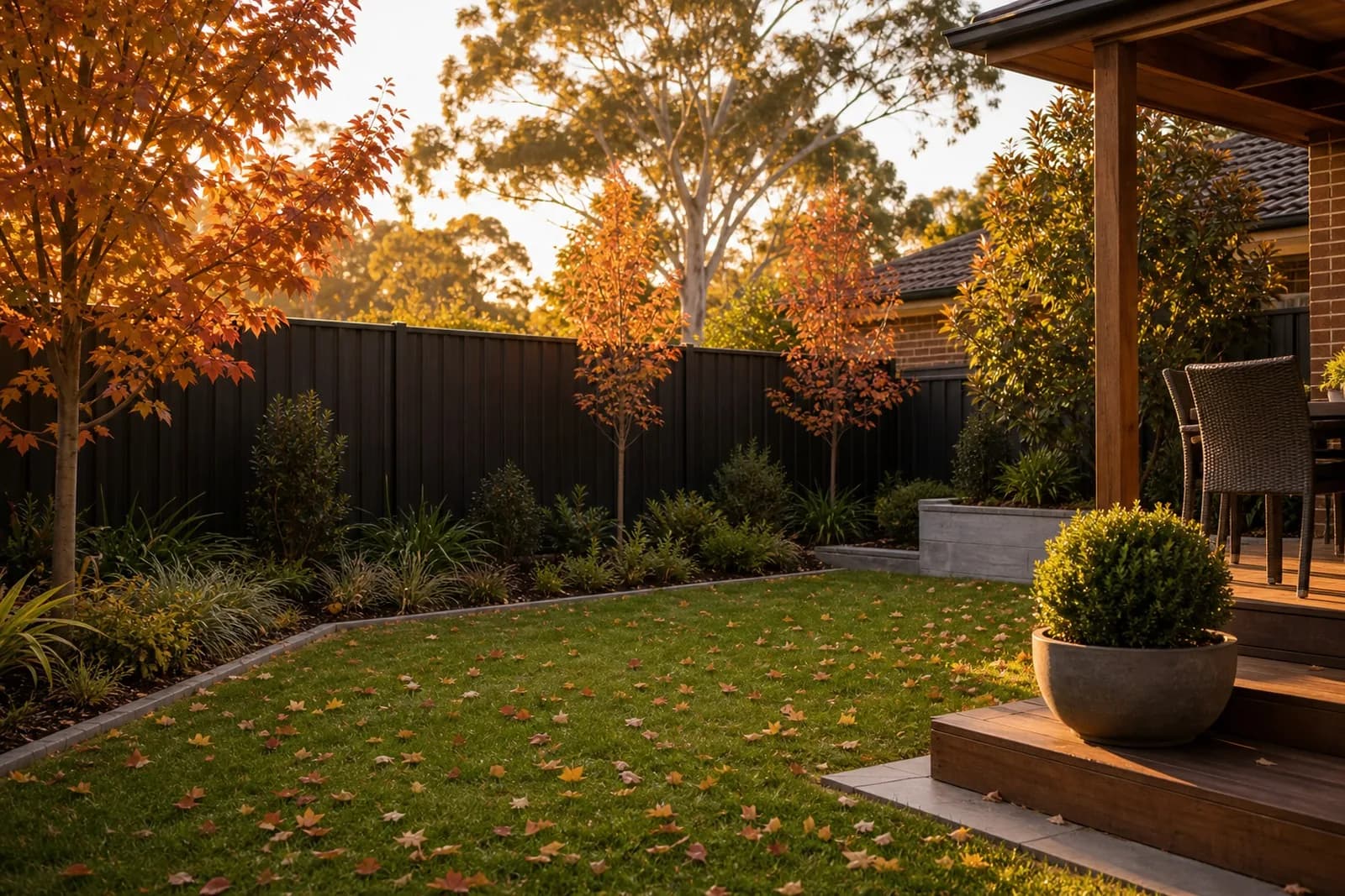 Seasonal Landscaping Sydney - Autumn Backyard Autumn backyard landscaping Sydney NSW - warm-toned foliage over tidy turf in soft golden light