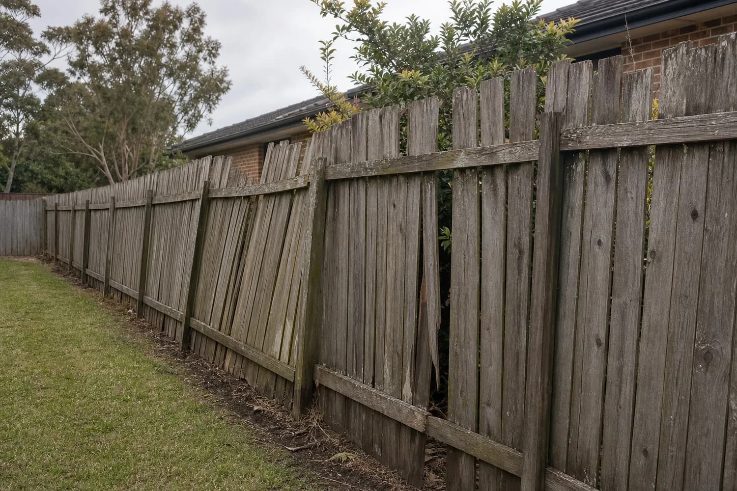 Before - Sydney Fence Replacement Old fence before replacement Sydney NSW - leaning weathered timber palings with broken grey boards