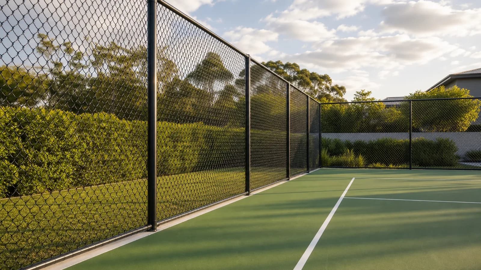 Black PVC-coated chain wire tennis court fencing installed in Sydney