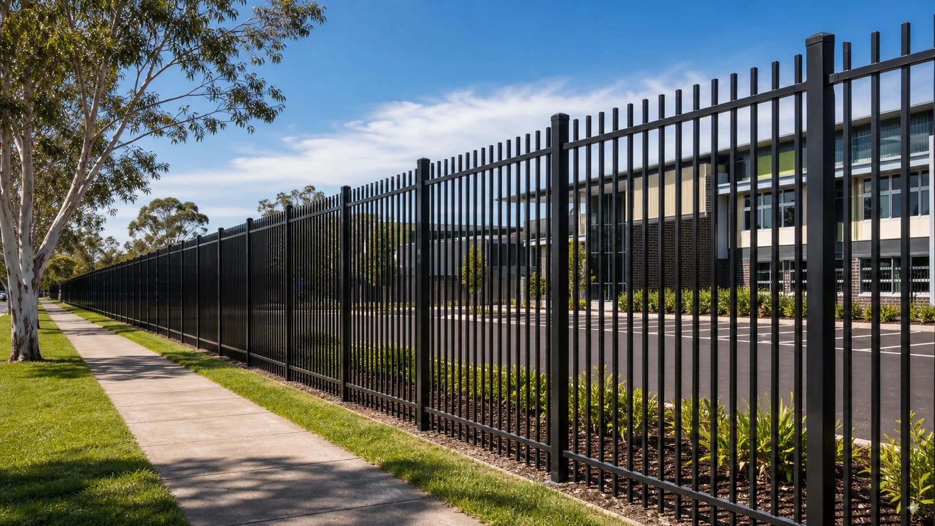 Commercial Fencing Sydney - Security Perimeter Commercial security fencing Sydney NSW - long run of black tubular steel fence around a commercial property boundary