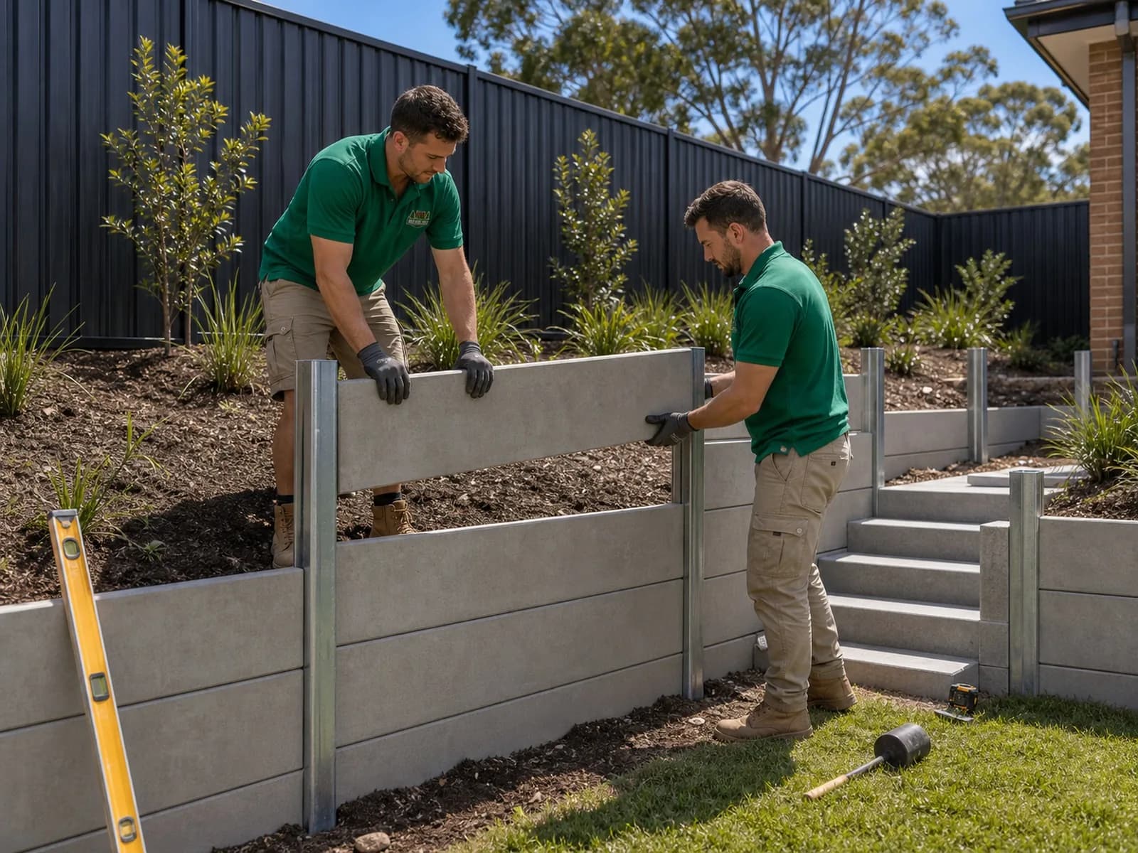 Fencing and landscaping crew building a concrete sleeper retaining wall Sydney NSW