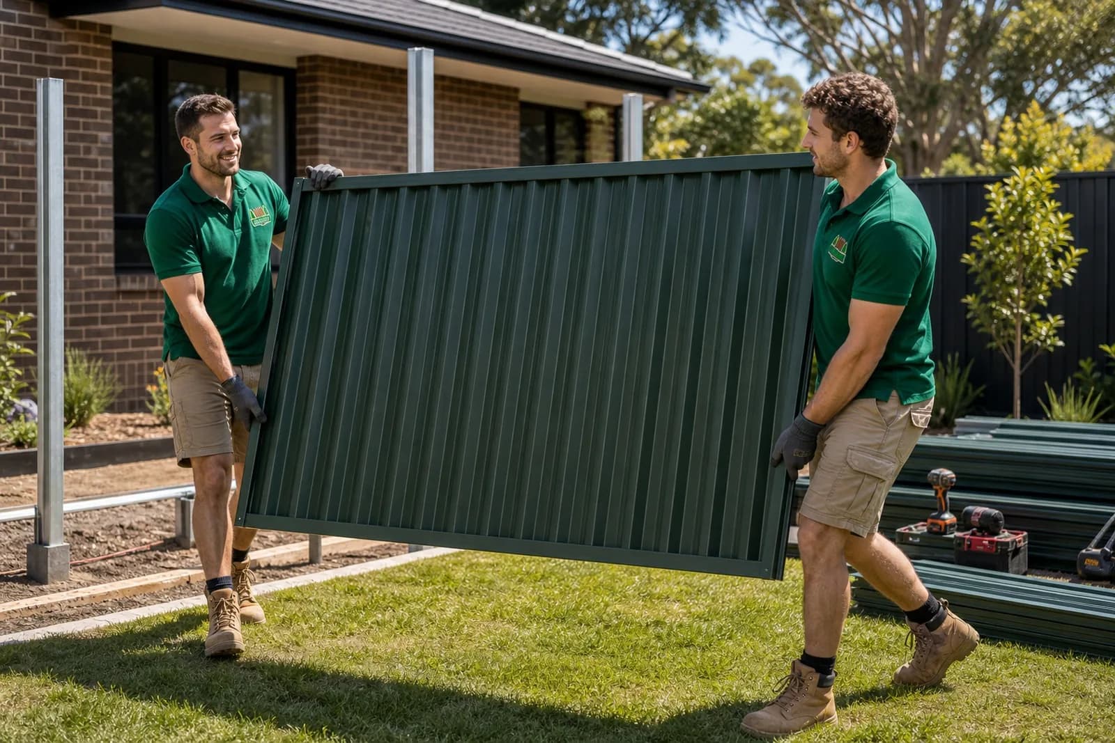Fencing Process Sydney - Handling Steel Panels Fence installation teamwork Sydney NSW - two crew carrying a large Colorbond steel sheet across a job site