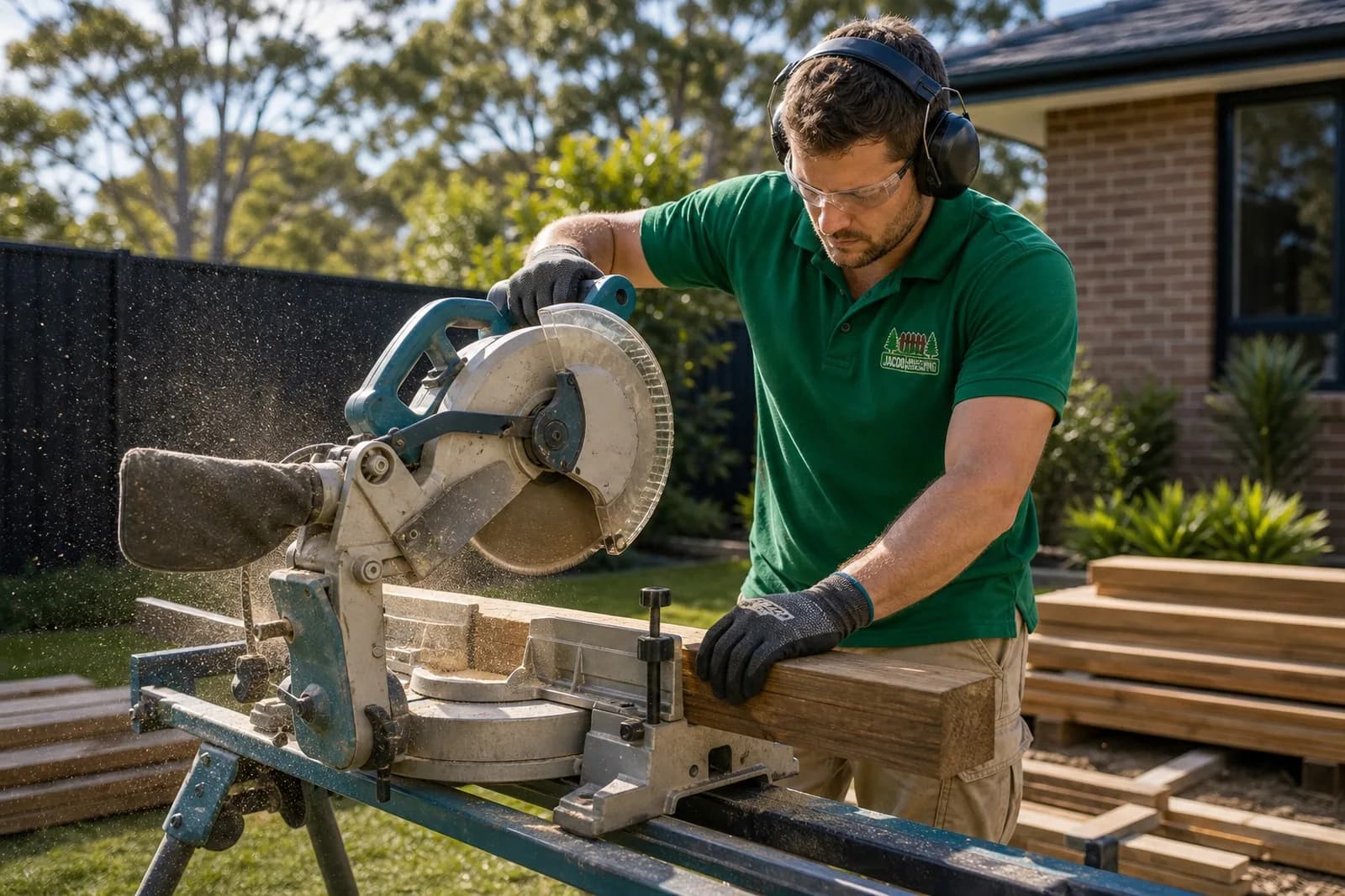 Fencing Process Sydney - Cutting Timber Rails Timber fence fabrication Sydney NSW - crew member cutting a fence rail on a mitre saw with safety glasses