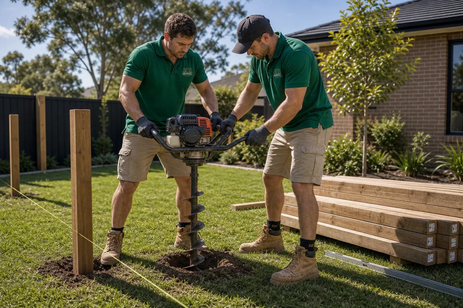 Fencing Process Sydney - Digging Post Holes Fence post installation Sydney NSW - crew digging post holes with a petrol auger and string line ready