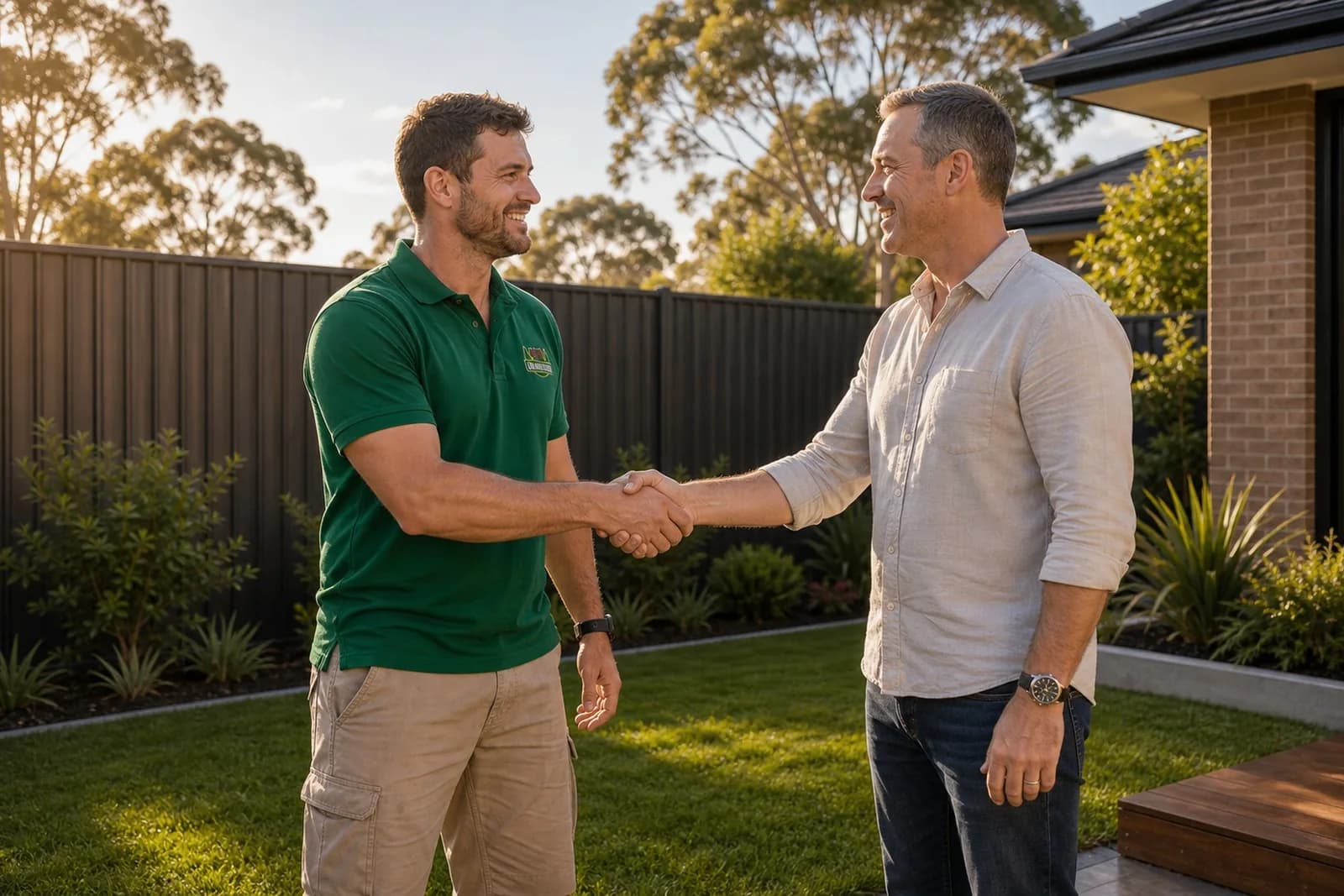 Jacob Landscaping and Fencing crew shaking hands with a happy homeowner by a completed fence in Sydney NSW