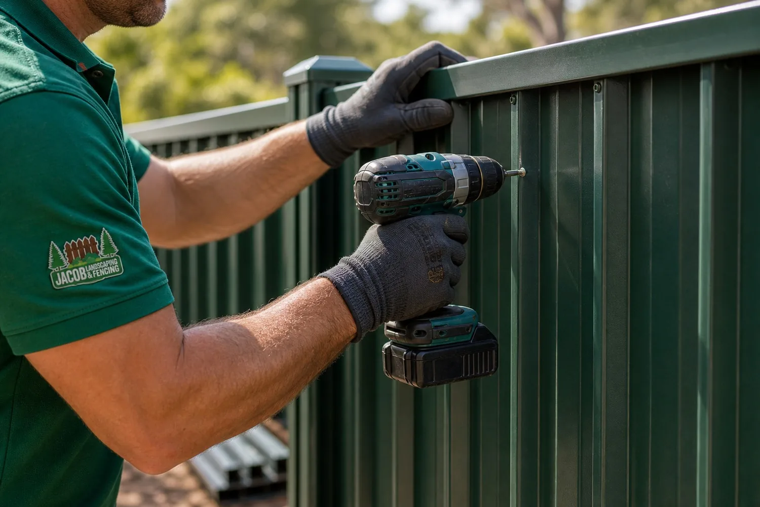 Fencing Process Sydney - Fixing Colorbond Panels Colorbond fence assembly Sydney NSW - tradesperson fixing a dark green steel sheet to the rail with a cordless drill
