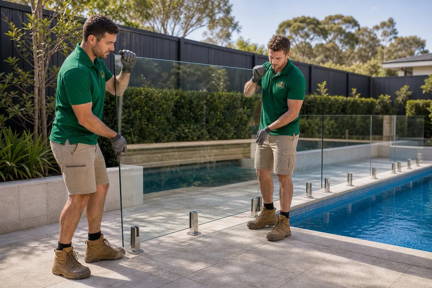 Pool Fencing Process Sydney - Installing Glass Panels Glass pool fence installation Sydney NSW - workers lifting a frameless glass panel into stainless spigots