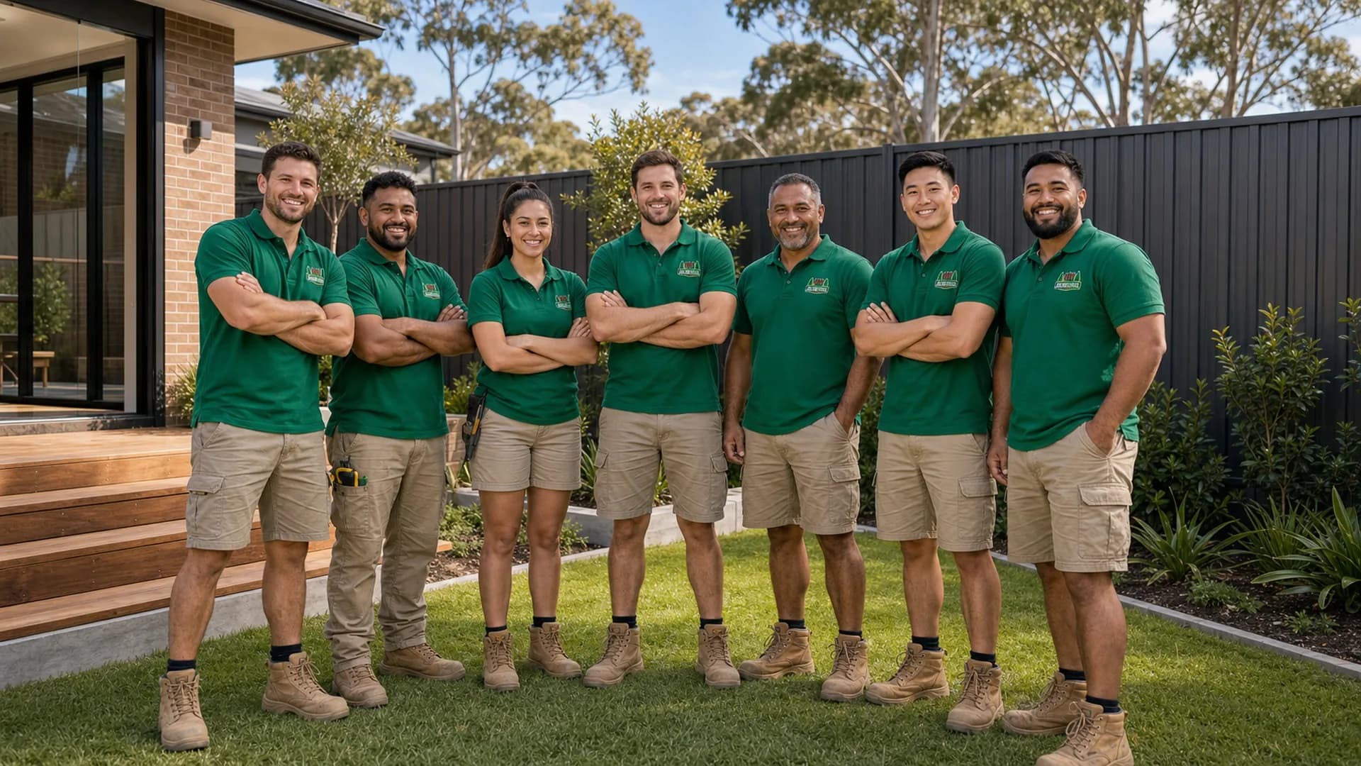 Our Team Sydney - Completed Project Crew Jacob Landscaping and Fencing crew Sydney NSW - team standing proudly in front of a finished fencing and landscaping project