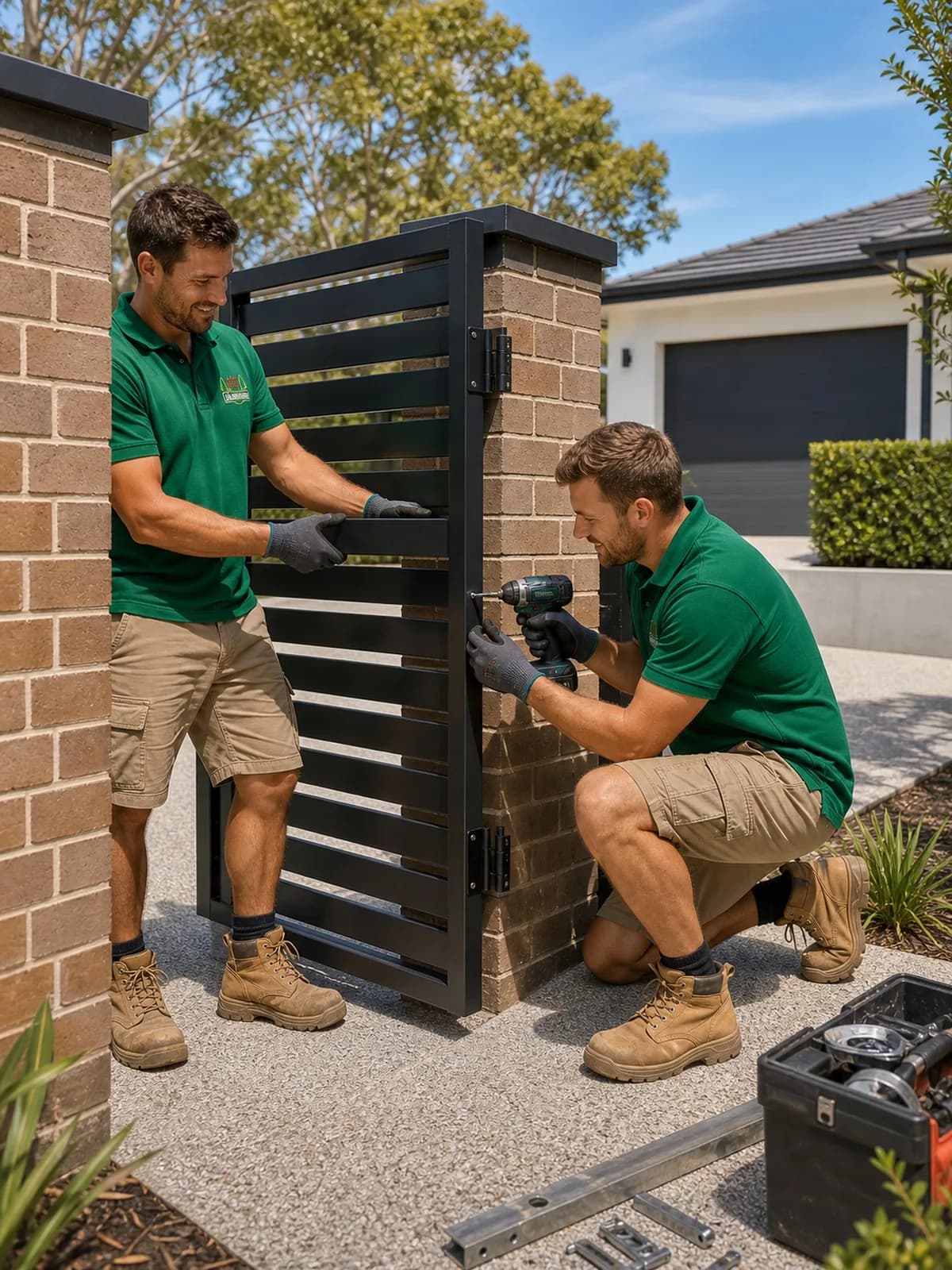 Fencing Process Sydney - Installing a Custom Gate Gate installation Sydney NSW - two crew hanging a custom steel driveway gate and bolting the hinges