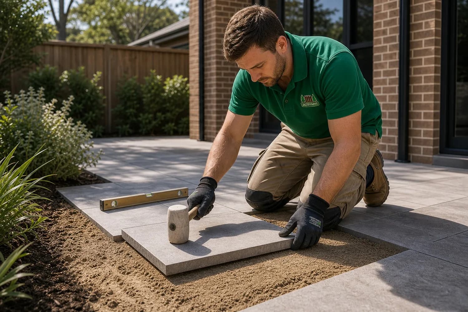 Landscaping Process Sydney - Laying Pavers Paver laying Sydney NSW - worker placing a large paver on a screeded sand bed and tapping it level