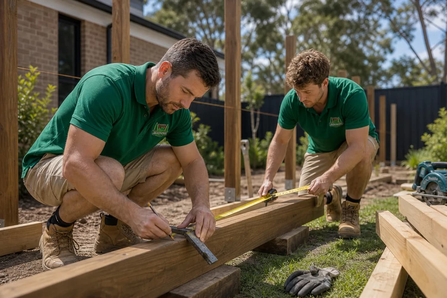 Fencing Process Sydney - Measuring & Marking Fence layout and marking Sydney NSW - tradesperson measuring and marking a cut line with a square and tape