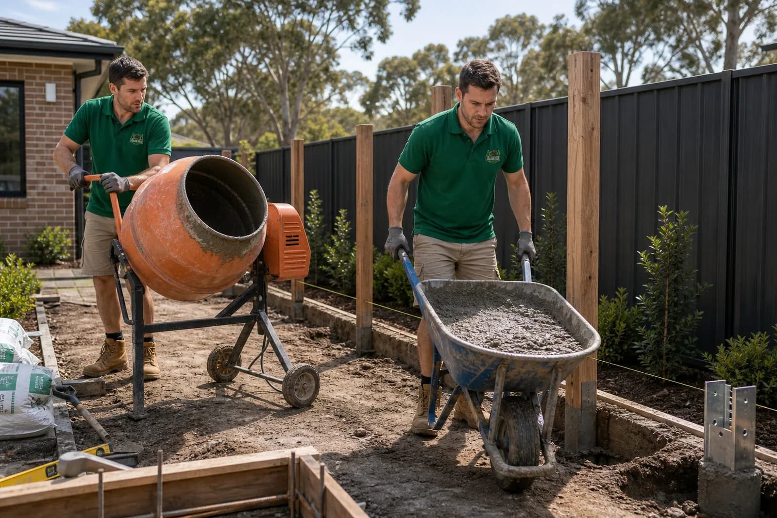 Concreting Process Sydney - Mixing Concrete Concreting crew Sydney NSW - operating a portable cement mixer and barrowing wet concrete to a footing