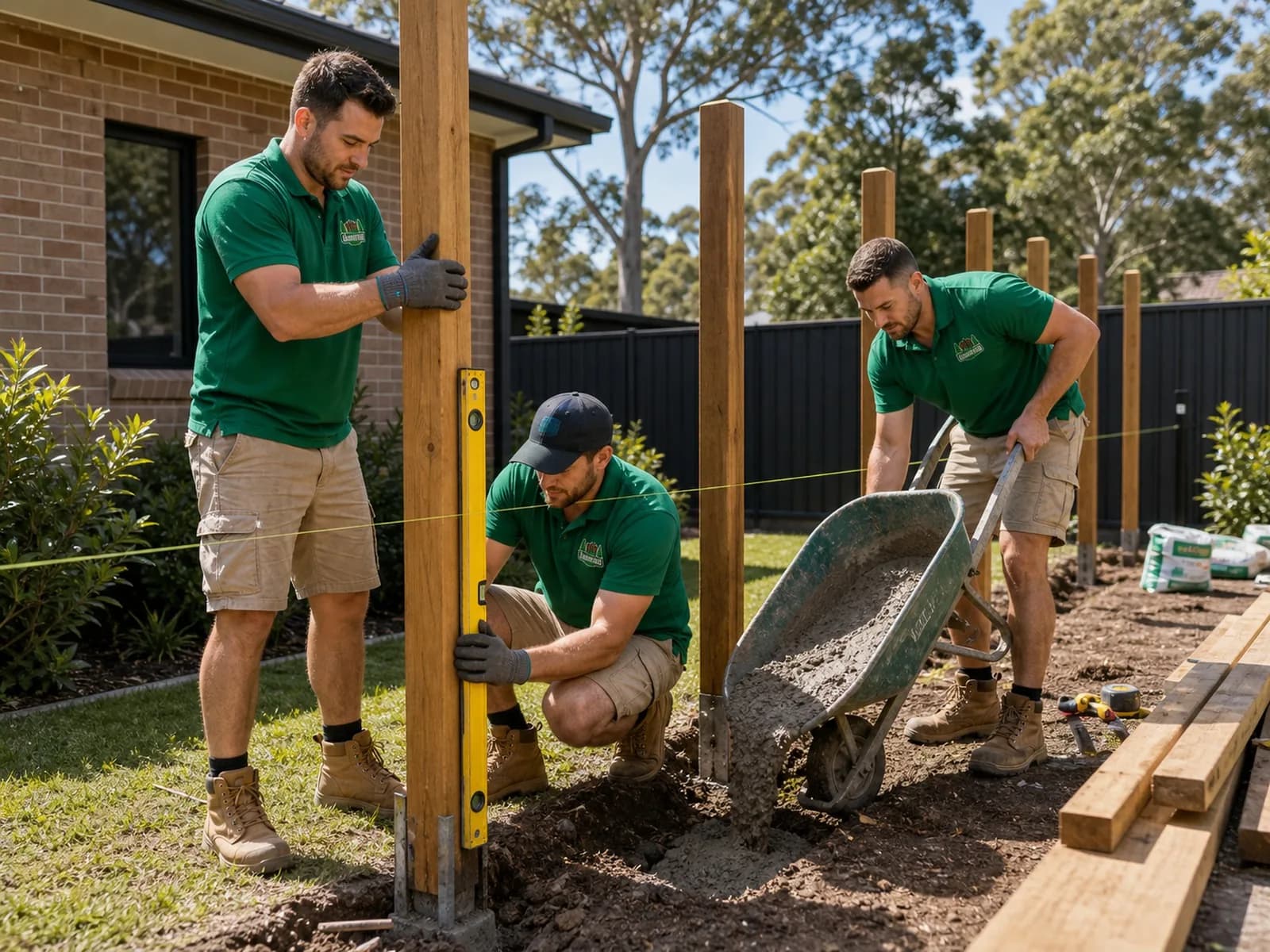 Fencing Process Sydney - Setting Posts in Concrete Setting fence posts Sydney NSW - worker holding a post plumb while a teammate pours concrete footings