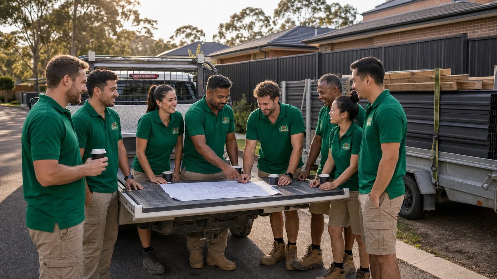 Jacob Landscaping and Fencing crew morning briefing Sydney NSW - team reviewing project plans on site