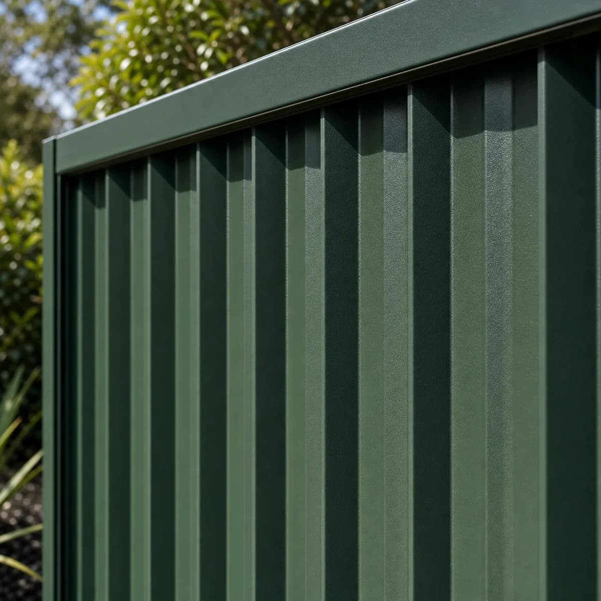 Colorbond Detail Sydney - Steel Panel Close-Up Colorbond fence panel close-up Sydney NSW - dark green vertical corrugated steel profile with flat capping rail