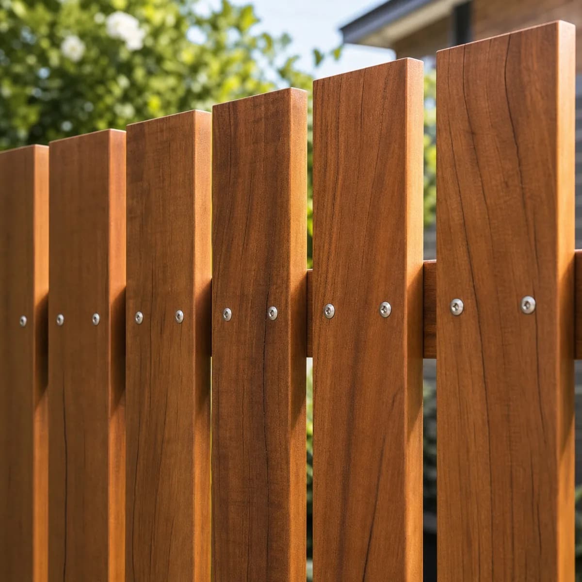 Timber Detail Sydney - Hardwood Paling Close-Up Hardwood timber paling close-up Sydney NSW - natural wood grain, oil finish and galvanised fixings