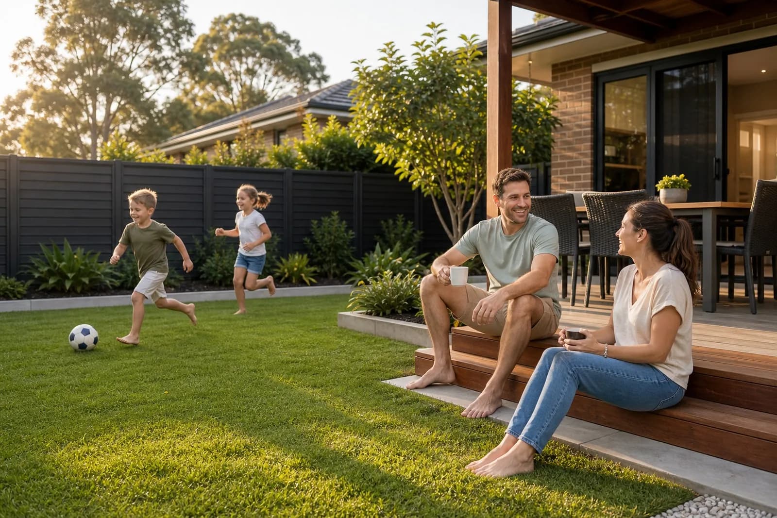 Lifestyle Sydney - Family-Friendly Backyard Family enjoying a landscaped backyard Sydney NSW - kids playing on a new lawn in a fully fenced yard