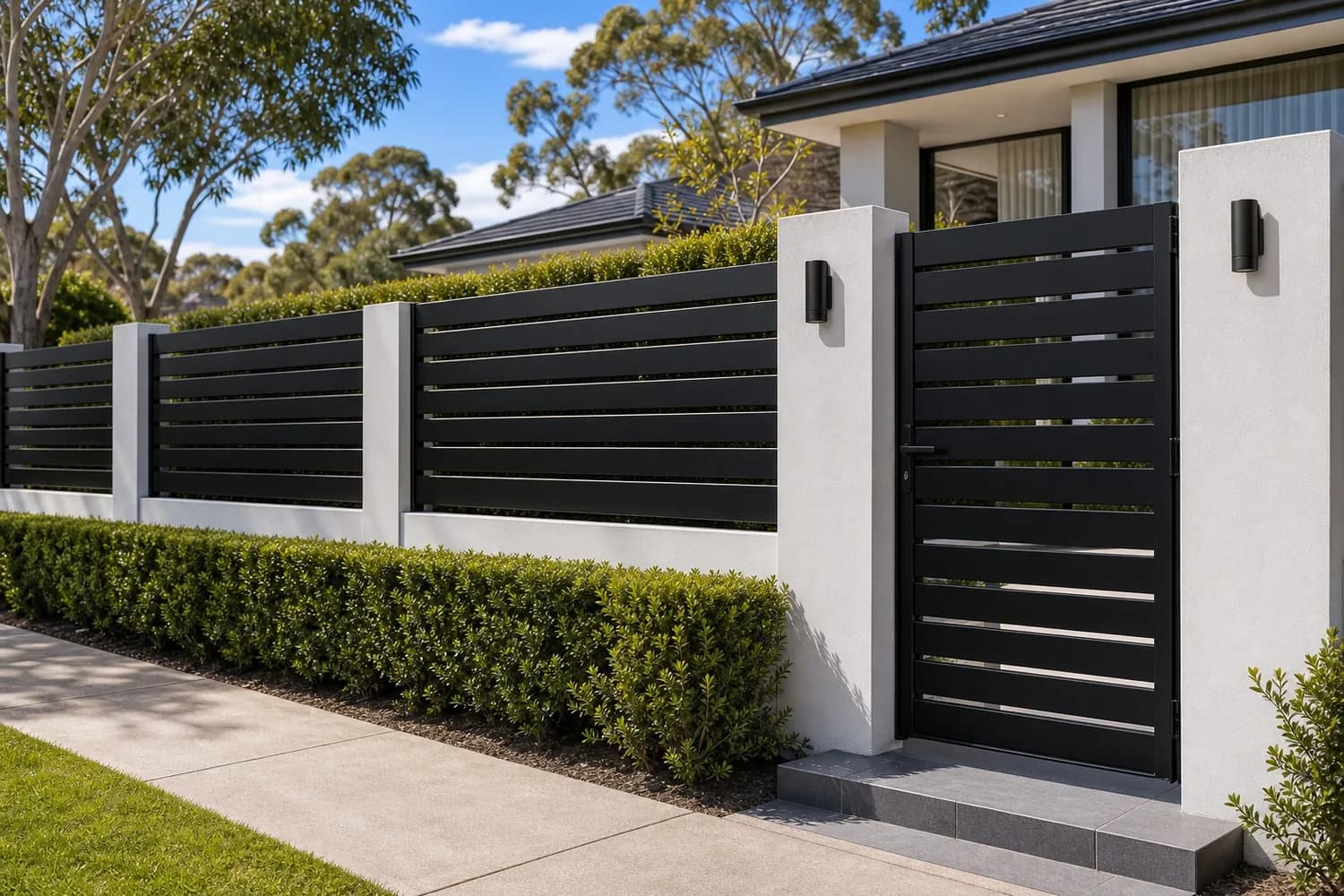 Aluminium Slat Fencing Sydney - Modern Front Fence Modern aluminium slat fence Sydney NSW - horizontal matte-black blades on rendered pillars with matching pedestrian gate