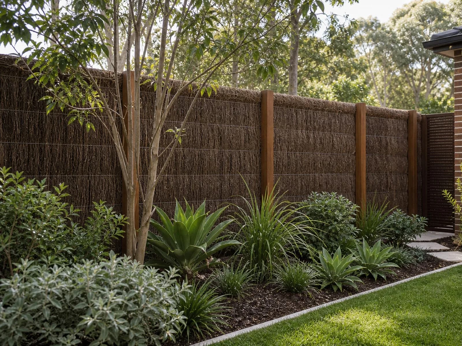 Bamboo screening fencing Sydney NSW - natural reed and bamboo privacy screen fence in a landscaped garden