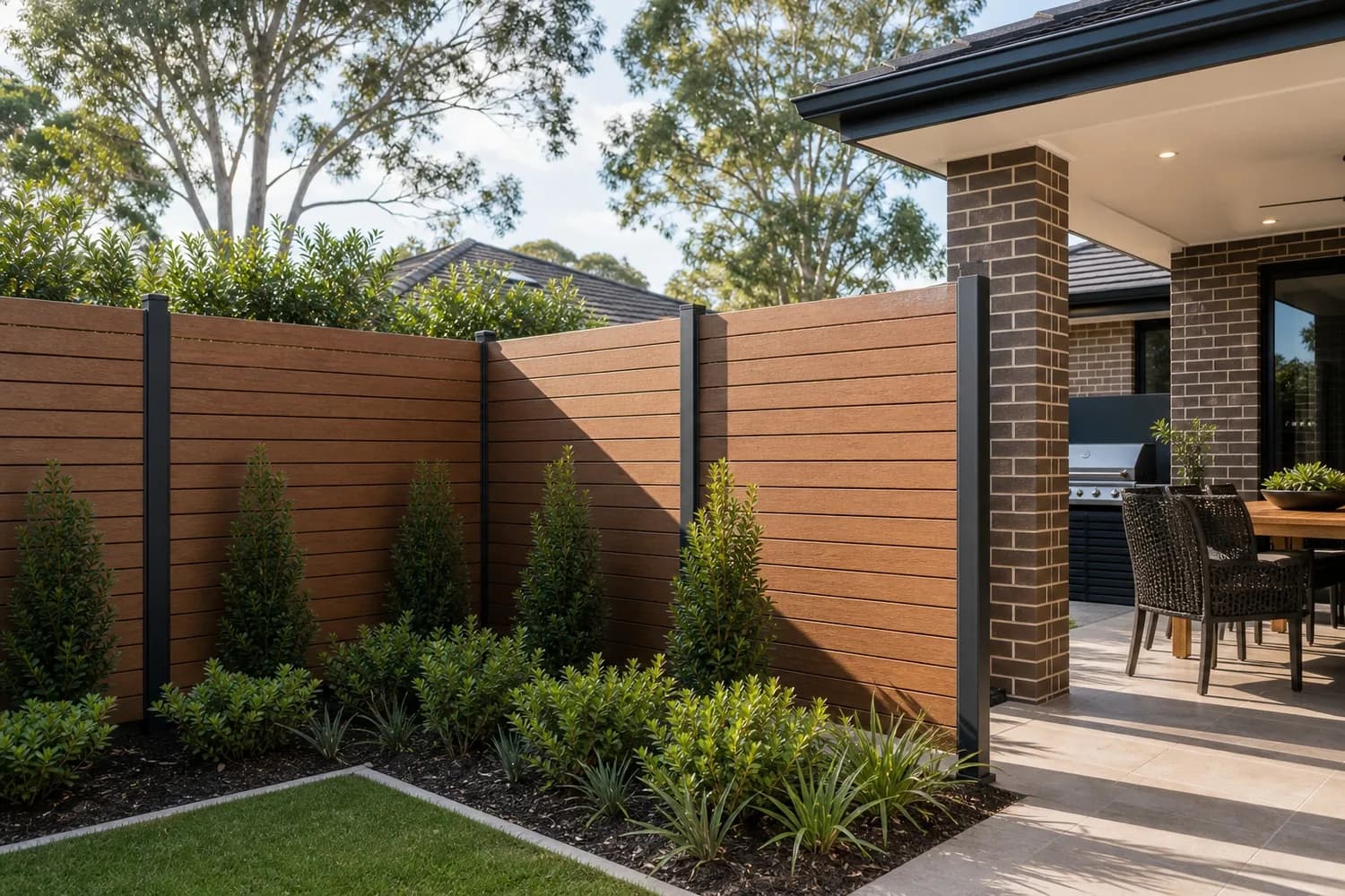 Acoustic fencing Sydney NSW - solid noise-reduction barrier fence beside a residential alfresco area