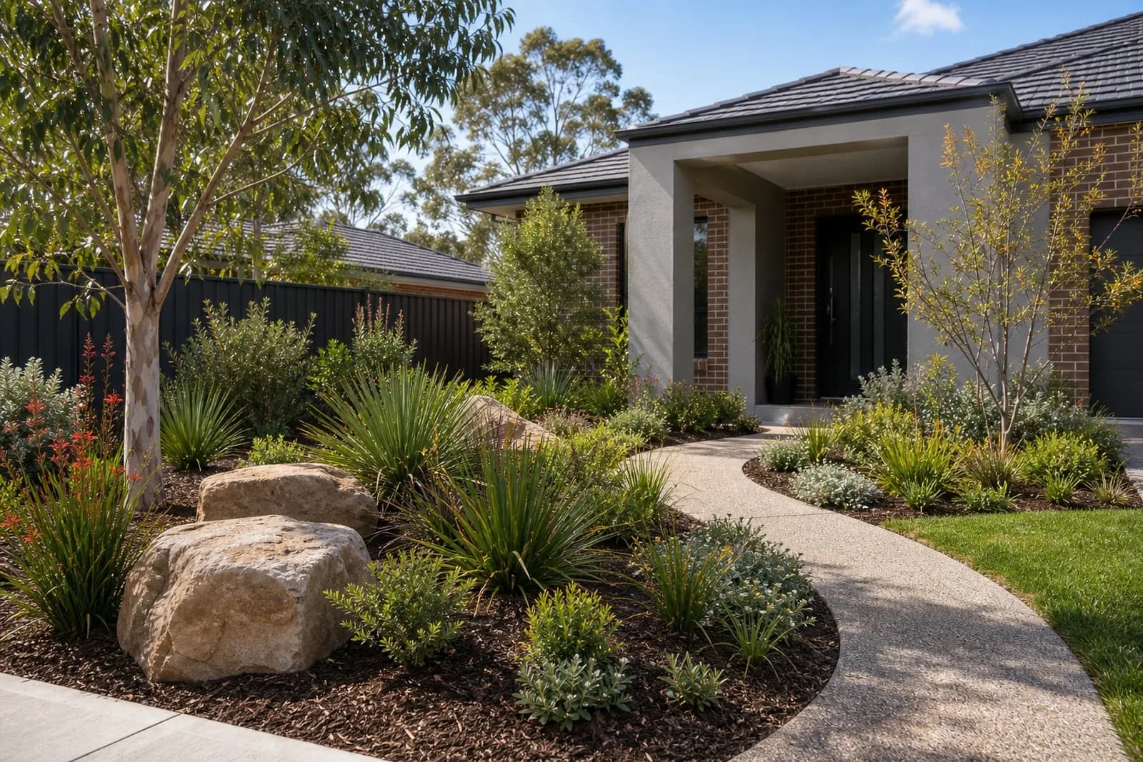 Professional garden design and native landscaping with mulched beds and feature planting Doonside