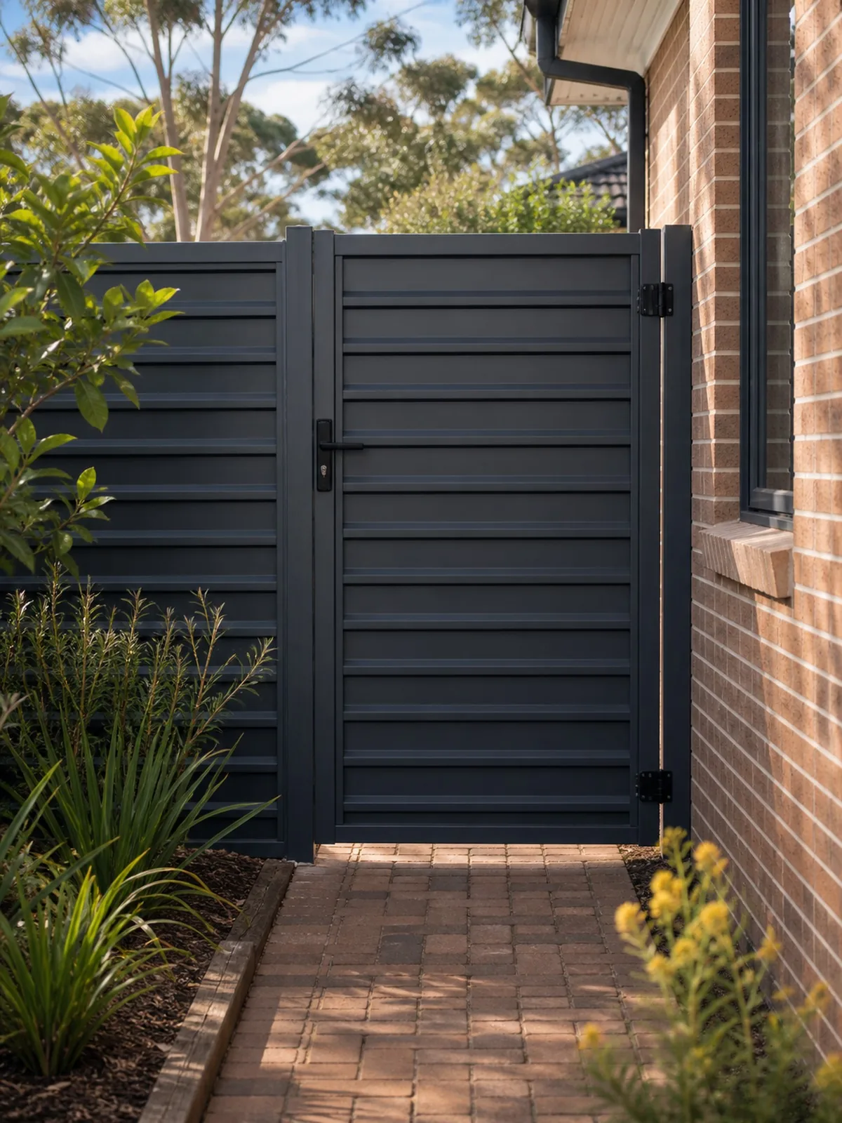 Pedestrian Gates Sydney - Side Access Gate Custom pedestrian side gate Sydney NSW - self-closing latch gate matching the fence with brick path