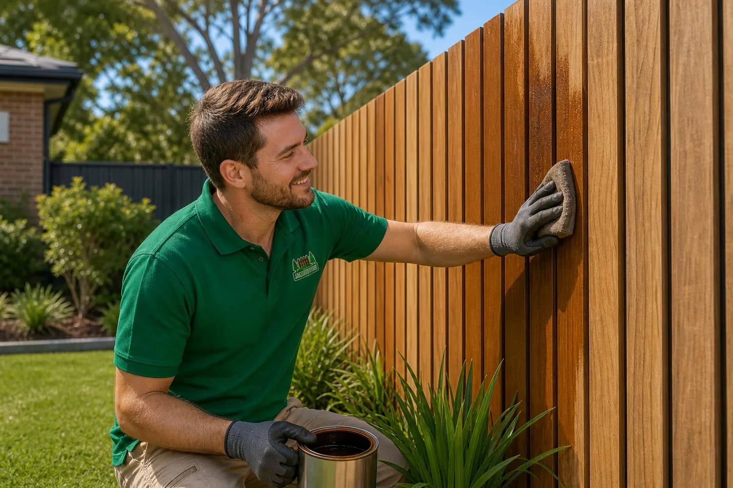 Maintenance Sydney - Fence & Turf Care Fence and turf maintenance Sydney NSW - tradesperson oiling a timber fence and brushing down artificial turf