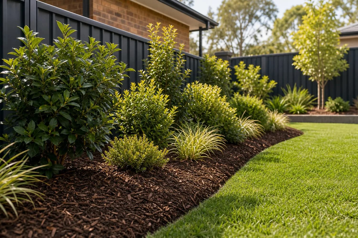 Landscaping Sydney - Mulching & Garden Beds Garden mulching Sydney NSW - freshly mulched beds with healthy shrubs and crisp spade-cut lawn edges