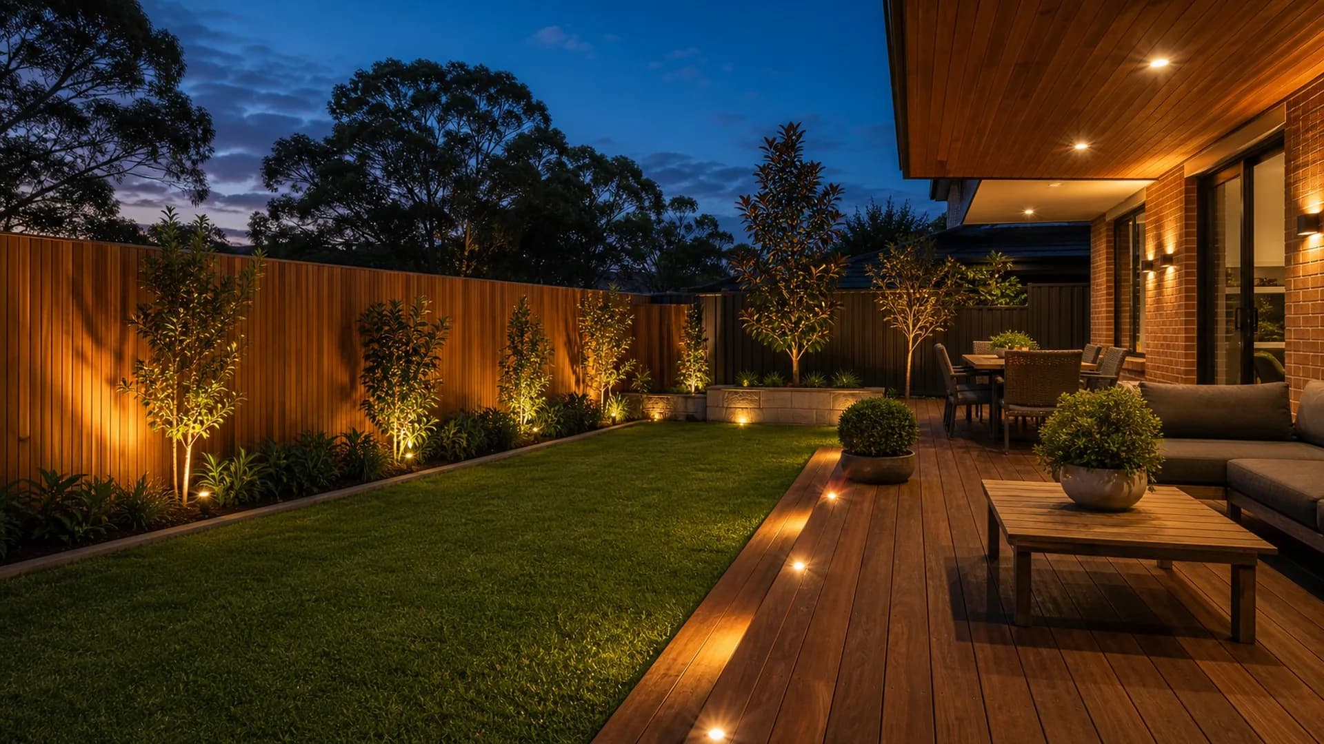 Lifestyle Sydney - Garden & Deck Lighting Outdoor garden lighting Sydney NSW - landscaped backyard at dusk with warm deck and garden lighting