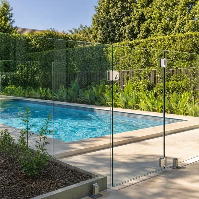 Pool Safety Fencing Sydney - Compliant Barrier Compliant pool safety fence Sydney NSW - semi-frameless glass fencing with a self-closing gate and latch