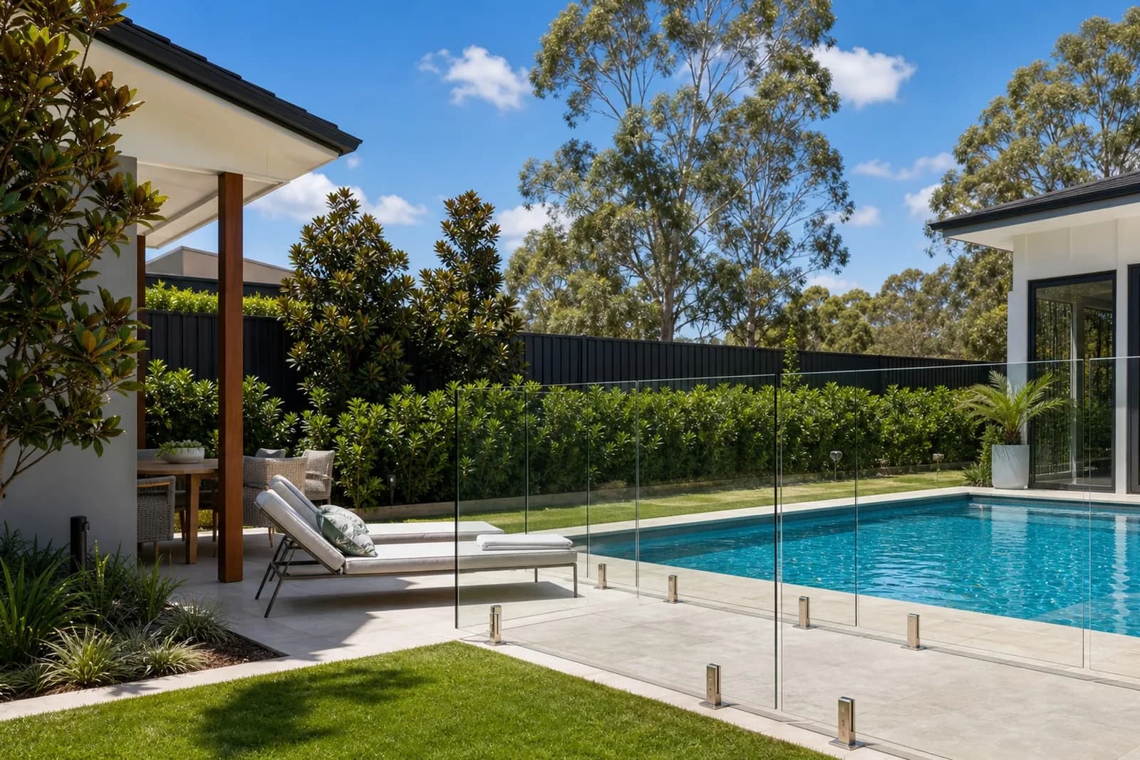 Lifestyle Sydney - Pool & Glass Fencing Modern pool area Sydney NSW - frameless glass pool fencing, sun loungers and lush landscaping on a summer day