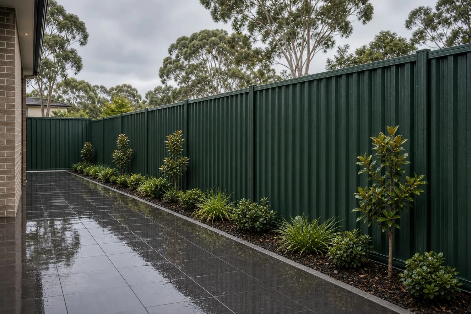 Quality Build Sydney - Weather-Tested Fencing Durable Colorbond fence and paving Sydney NSW - wet surfaces after rain showing quality build and drainage
