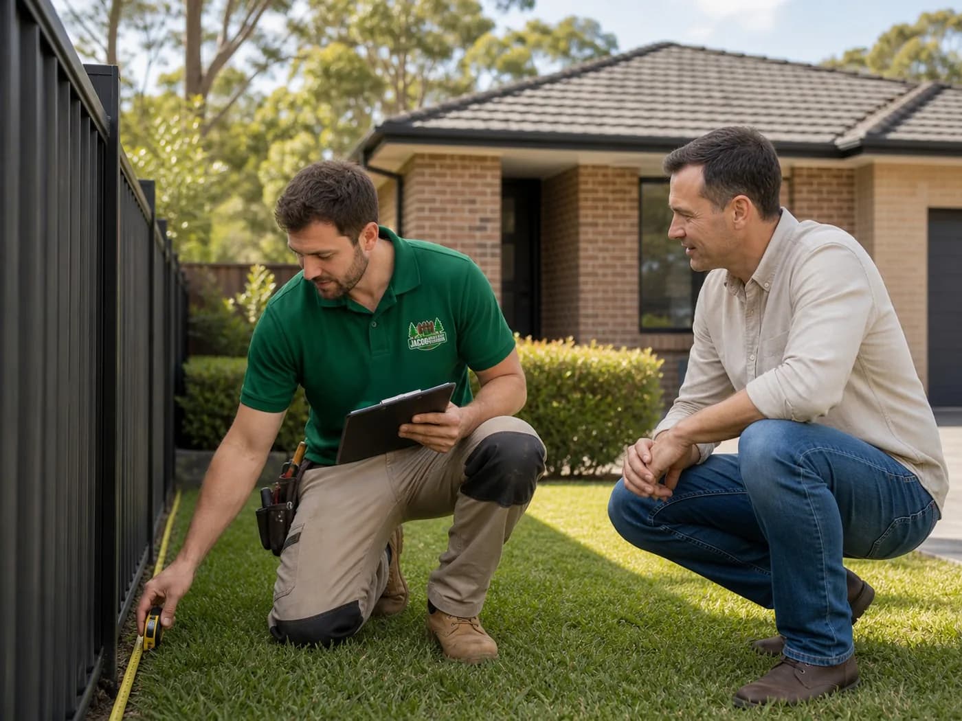 Our Process Sydney - Free Consultation Free on-site consultation Sydney NSW - tradesperson measuring a boundary and taking notes with the homeowner