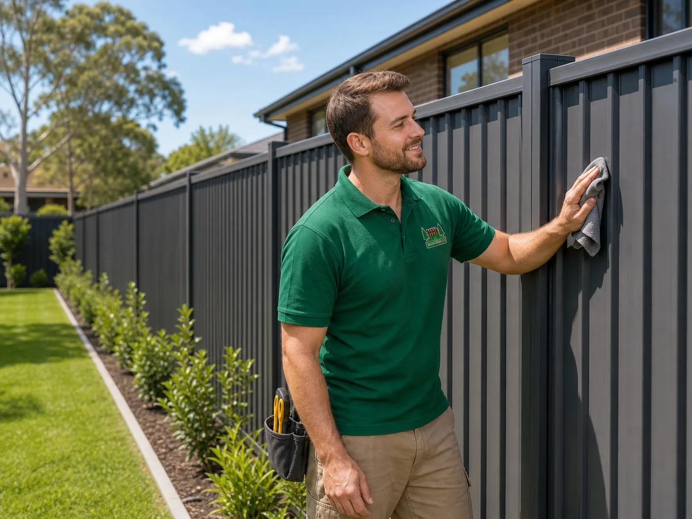 Our Process Sydney - Finishing & Clean-Up Final inspection and clean-up Sydney NSW - worker checking alignment of a completed fence on a tidy site