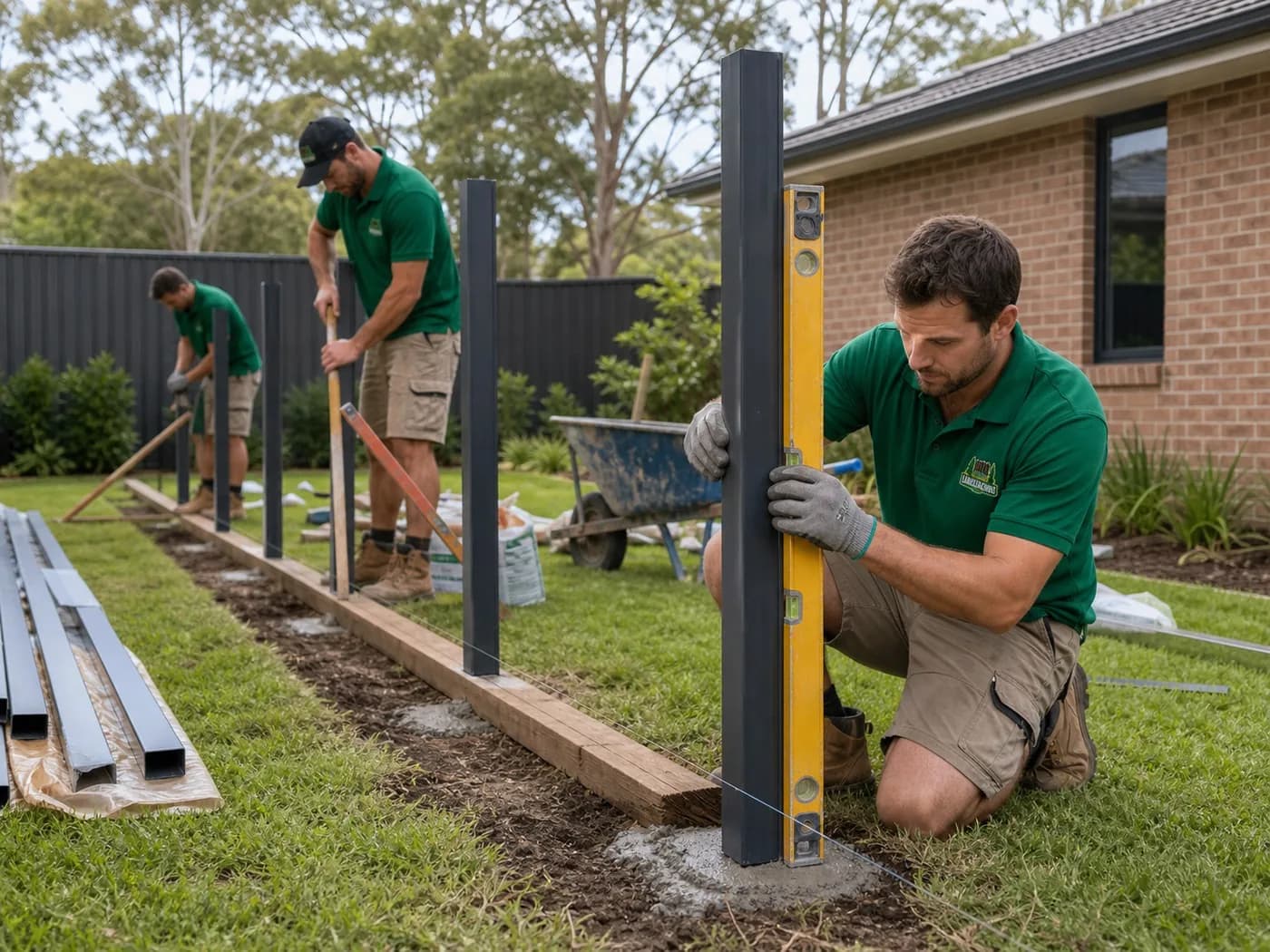 Our Process Sydney - Installation Professional fence installation Sydney NSW - crew setting fence posts into concrete footings with a spirit level