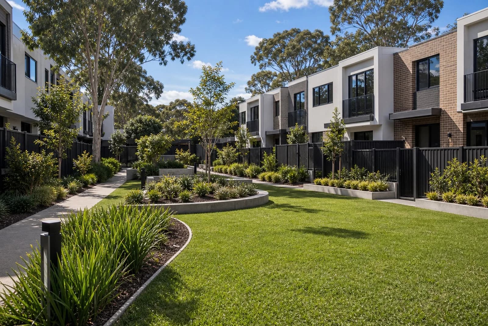 Strata Landscaping Sydney - Communal Grounds Strata and townhouse landscaping Sydney NSW - neat communal lawns, fencing and garden beds for a complex