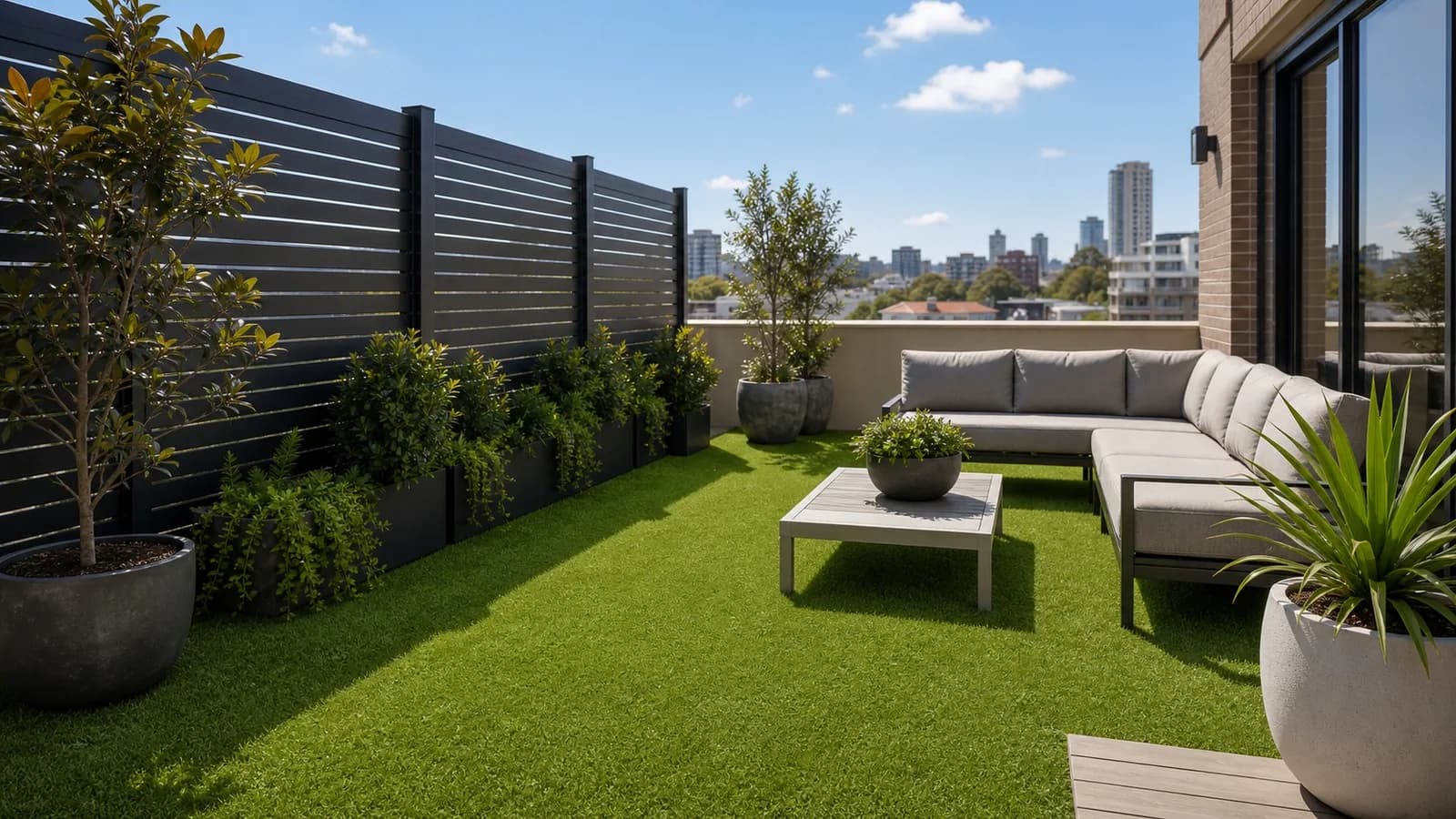Synthetic Grass Sydney - Rooftop Courtyard Turf Rooftop artificial turf Sydney NSW - synthetic grass on a compact urban courtyard with potted plants and seating