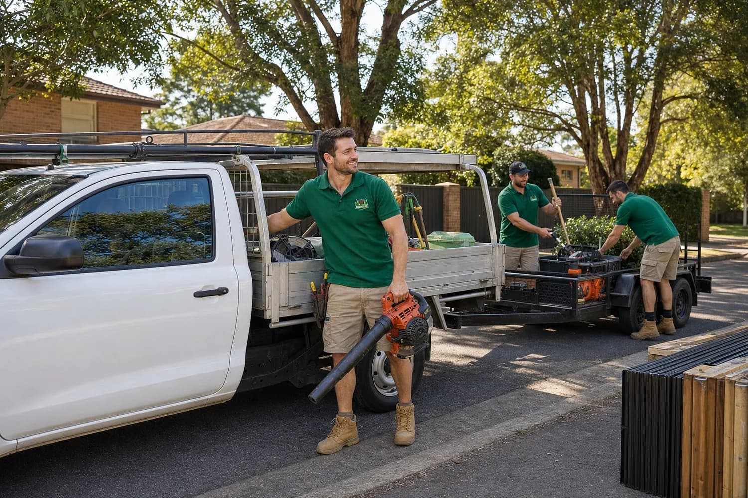Our Local Team Sydney - Work Ute On Site Jacob Landscaping and Fencing work ute Sydney NSW - branded ute and trailer loaded with tools at a suburban job