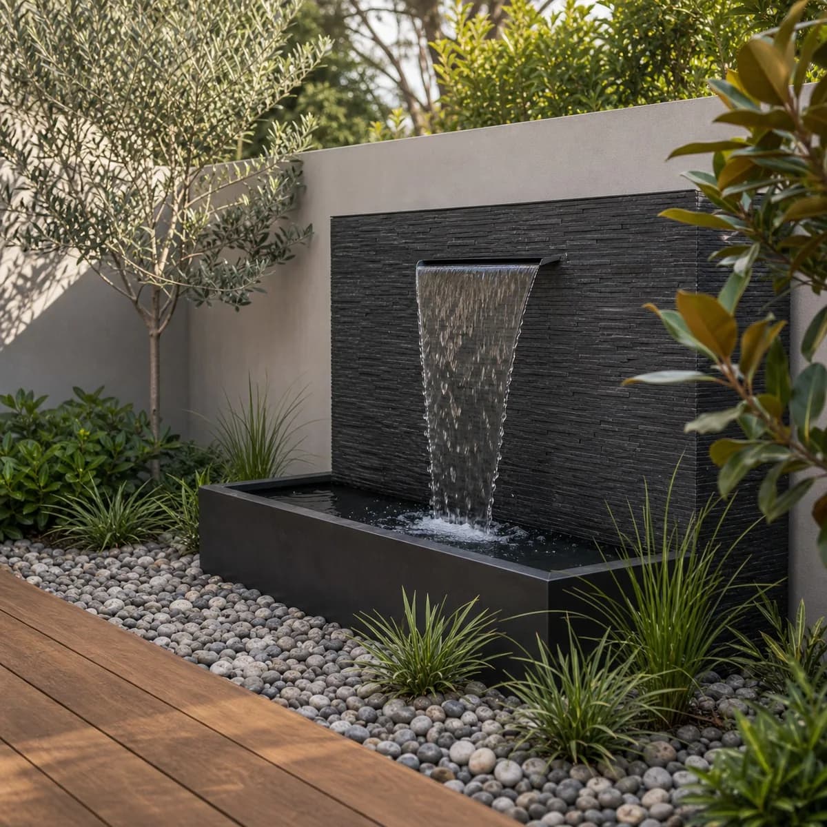 Landscaping Sydney - Water Feature Landscaped water feature Sydney NSW - modern feature wall with spillway surrounded by plants and pebbles